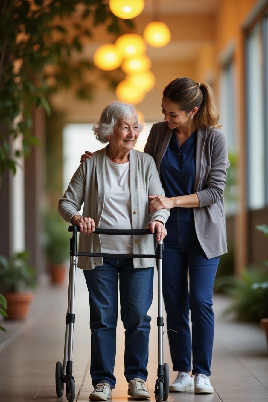 Caregiver walking with an elderly woman using a walker in a warm, plant-filled corridor